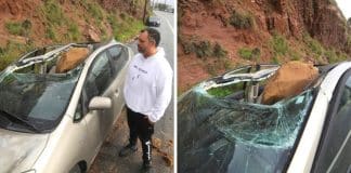 Motorista saiu do carro para atender telefone no momento em que rocha esmagou o veículo