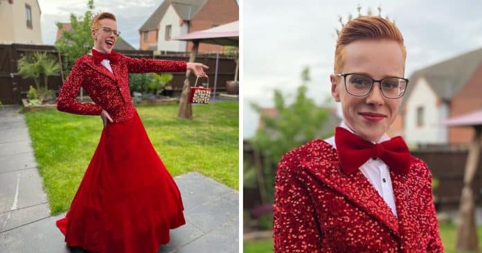 Garoto de 16 anos encanta a web ao revelar que usou smoking de lantejoulas e saia vermelha em baile de formatura