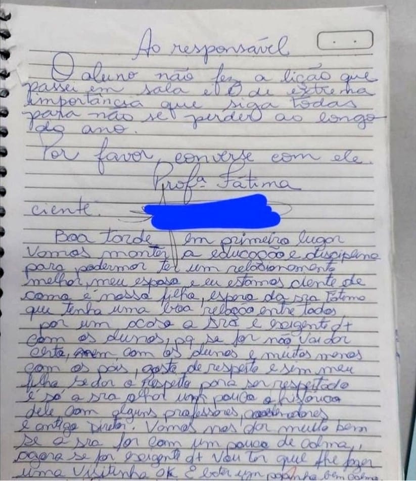 sabiaspalavras.com - Professora recebe resposta chocante após enviar bilhete cobrando pais por tarefas do filho